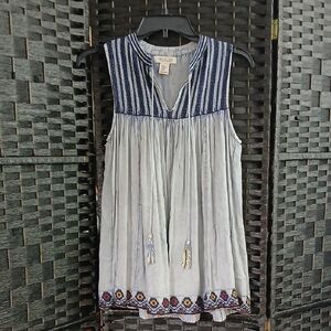 Rachel Zoe Sleeveless Boho Embroidered Denim Babydoll Top SZ XS